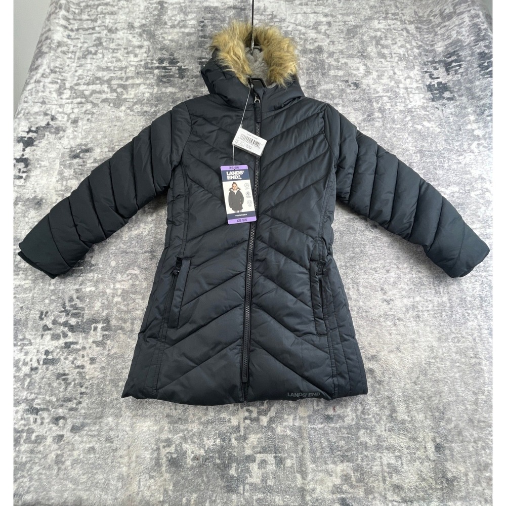 Lands End Youth XS 5/6 Black Quilted Puffer Parka Fur Hood New with Tags